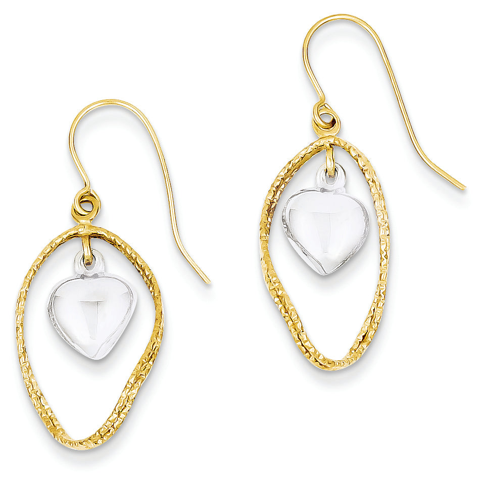 14K Gold Two-tone Oval and Heart Hollow Dangle Earrings