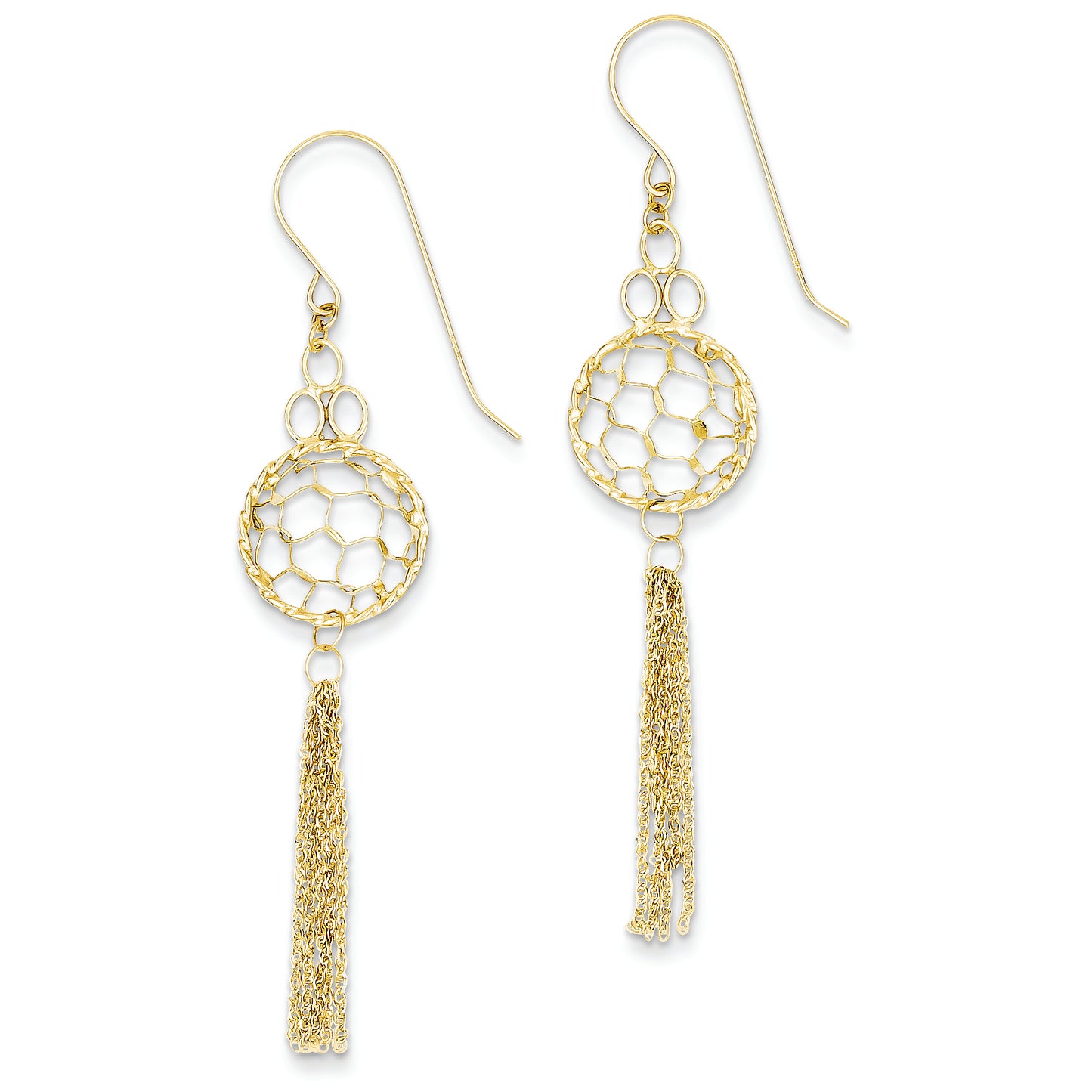 14K Gold Honeycomb Cage with Tassels Dangle Earrings