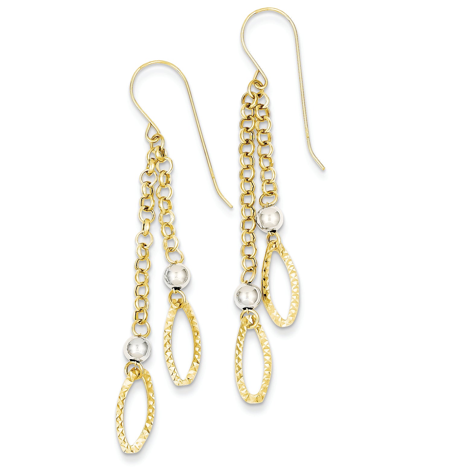 14K Gold Two-tone Diamond Cut Ovals on Chain Dangle Earrings