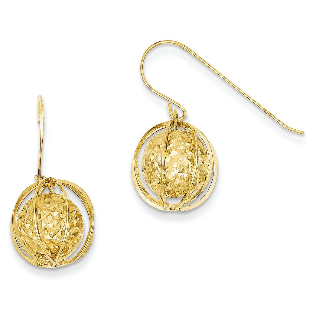 14K Gold Diamond Cut Bead in Circle Cage Earrings