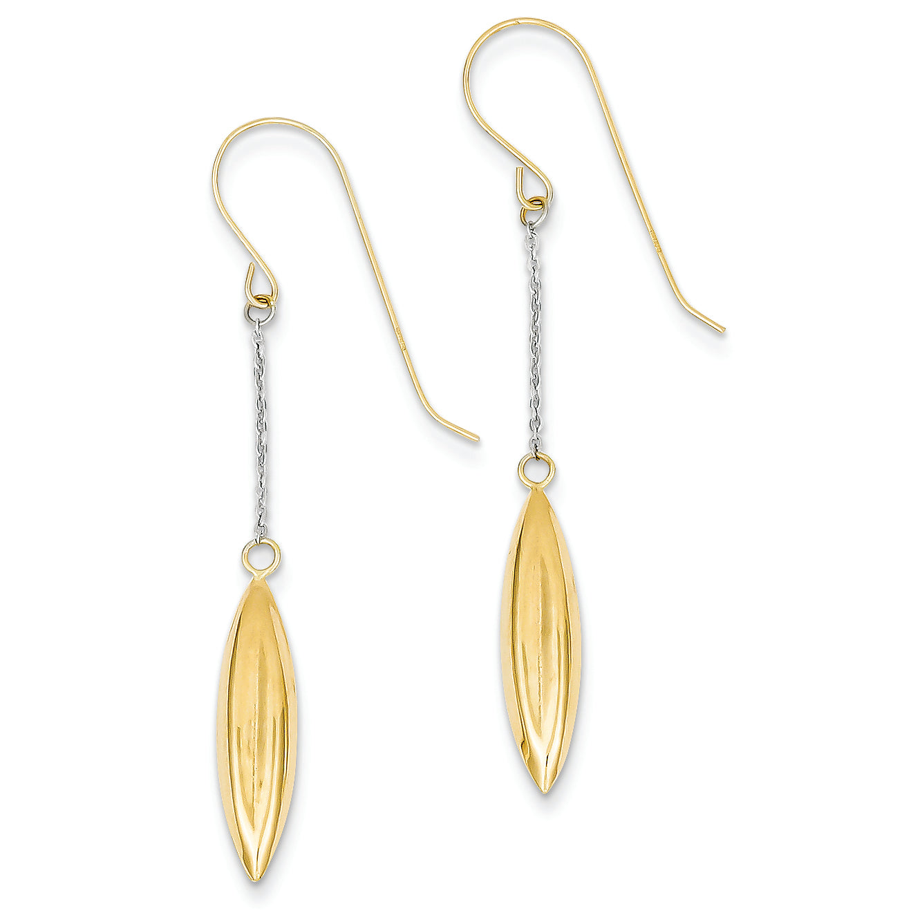 14K Gold Two-tone Puff Marquis Dangle Shepherd Hook Earrings