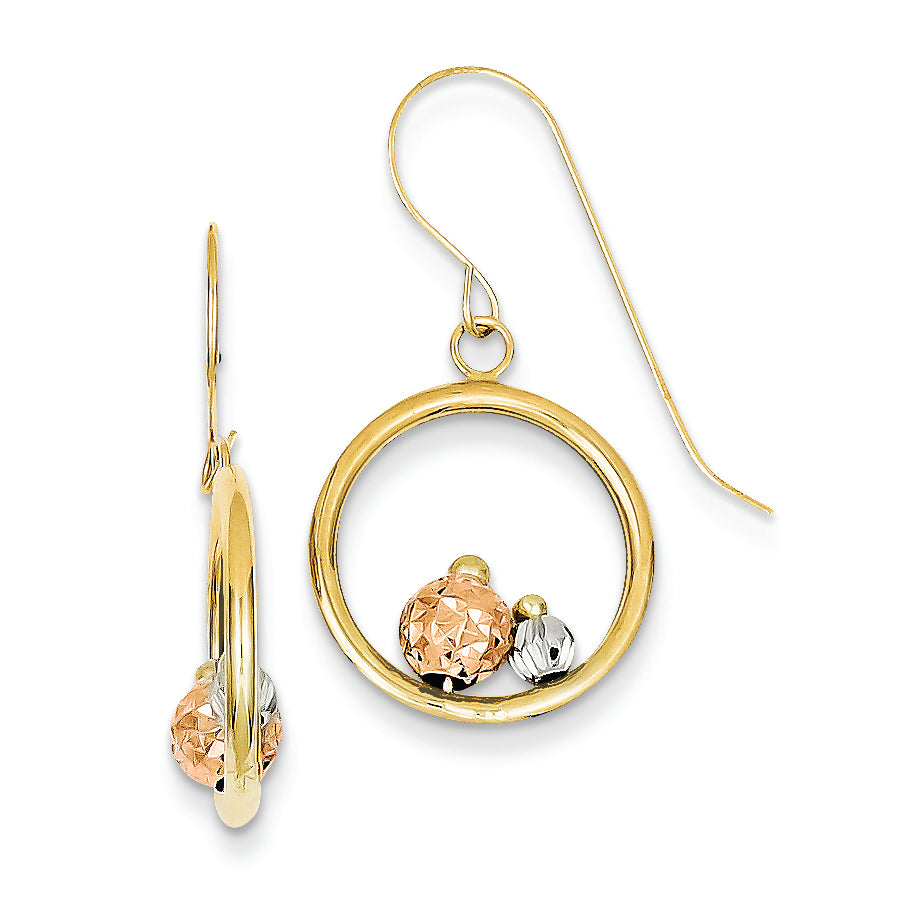 14K Gold Tri-color Loop with Diamond Cut Beads Earrings