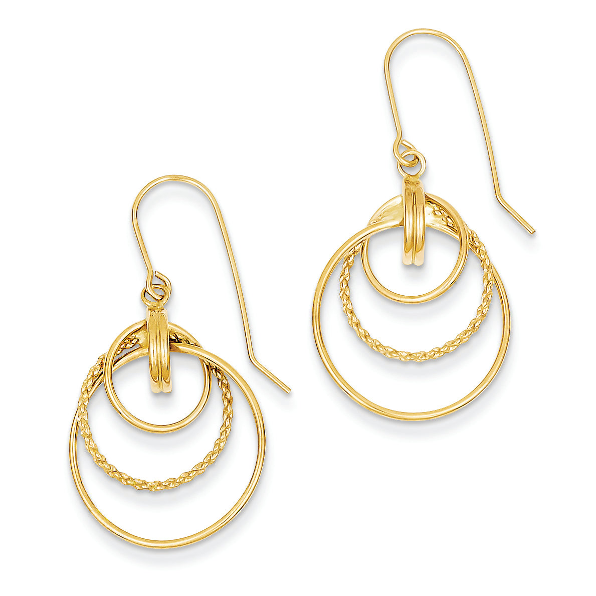 14K Gold Polished and Textured Circle Dangle Earrings