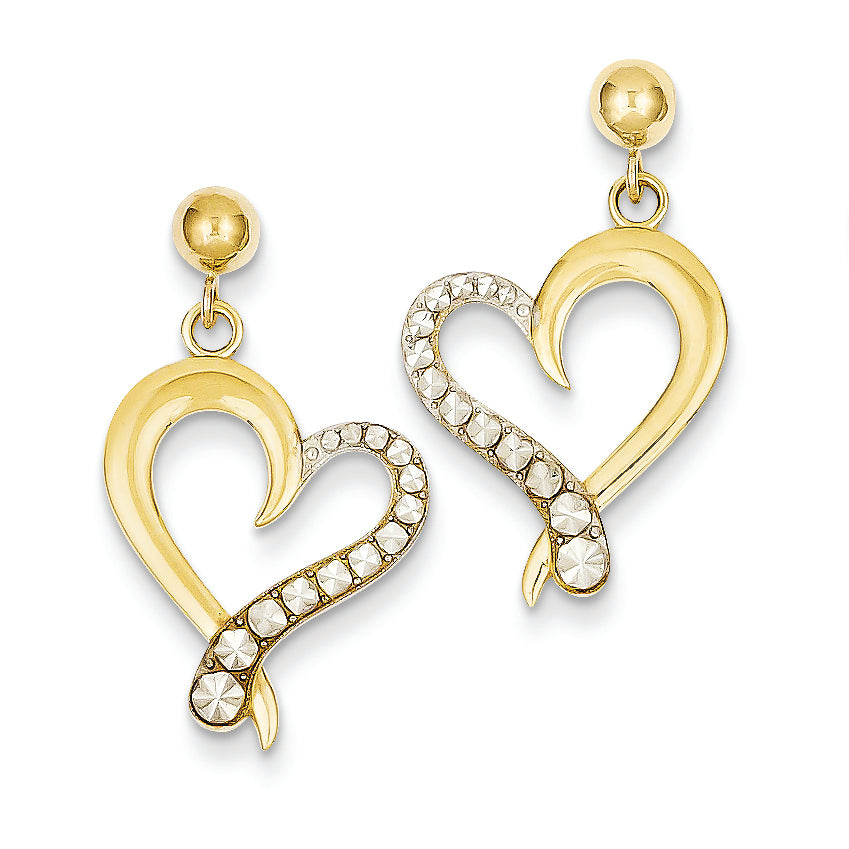 14K Gold Yellow Gold Rhodium Plated Diamond Cut Heart Post Dangle Earrings