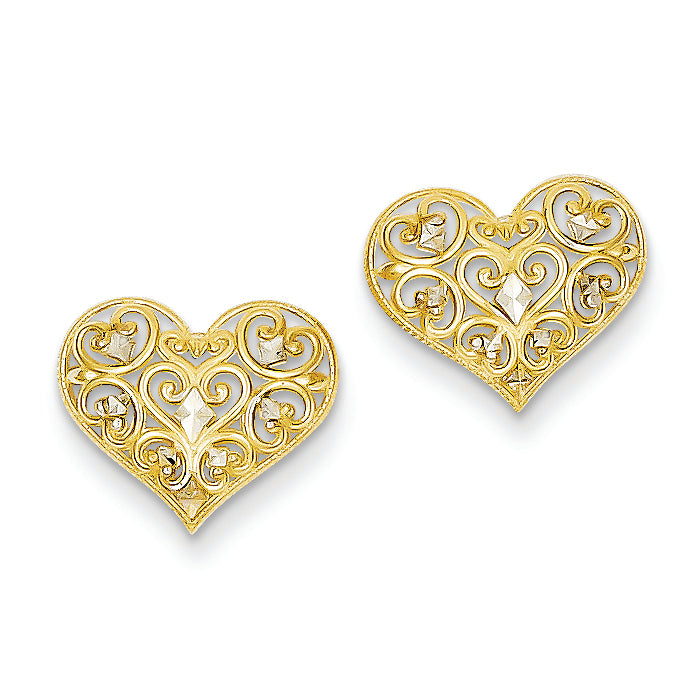 14K Gold Yellow Gold & Rhodium Fancy Heart Post Earrings