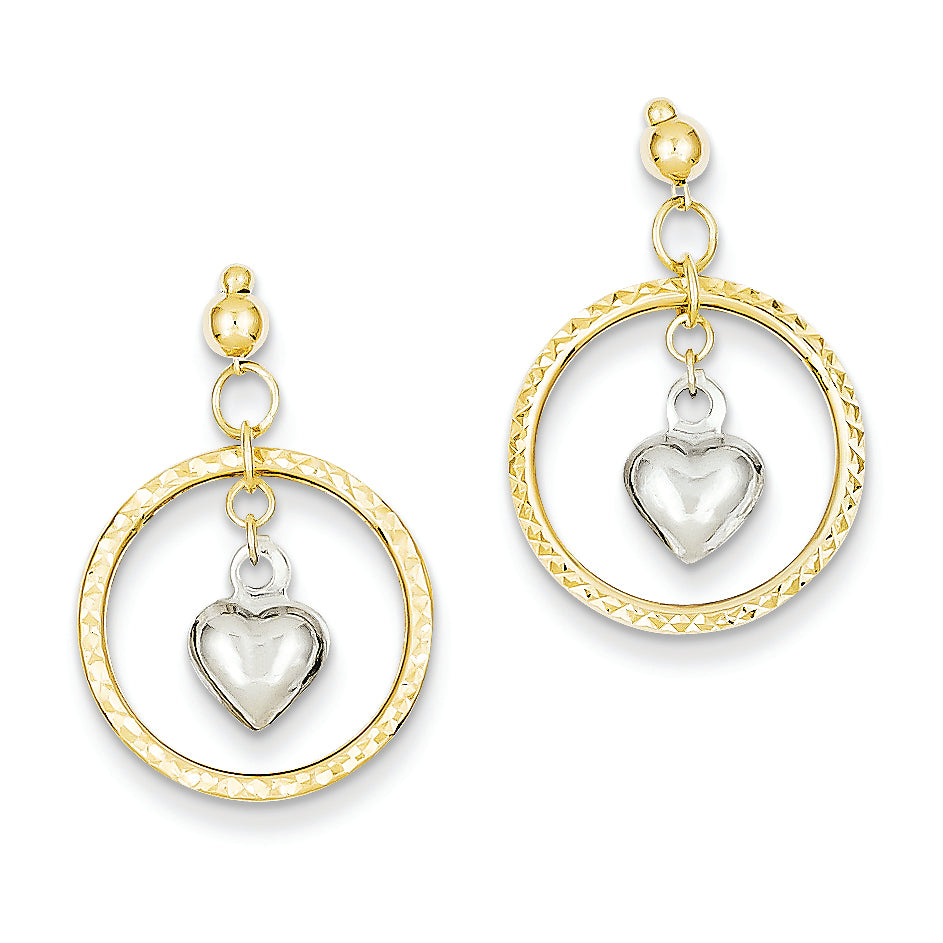 14K Gold Two-tone Diamond Cut Loop w/ Puff Hearts Earrings