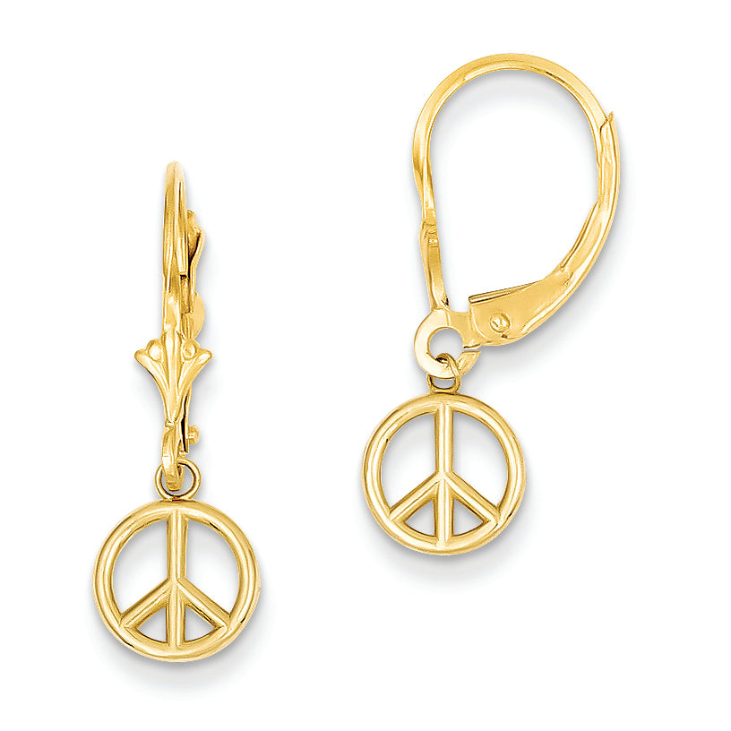 14K Gold Polished Peace Sign Dangle Leverback Earrings
