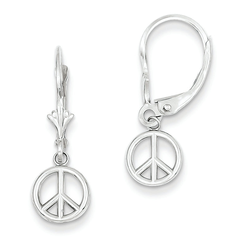 14K White Gold Polished Peace Sign Leverback Earrings