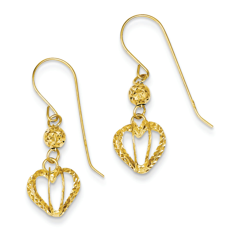 14K Gold Diamond Cut Heart Cage Shepherd Hook Earrings