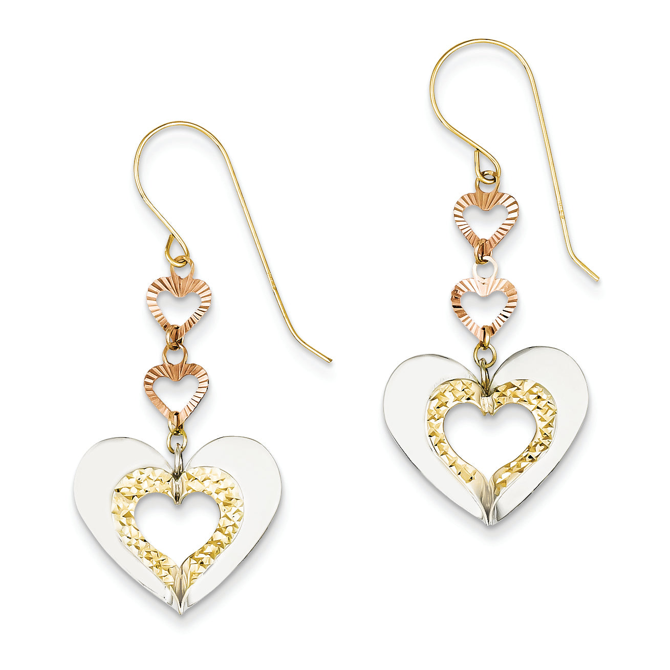 14K Gold Tri-color Diamond Cut Heart Dangle Earrings