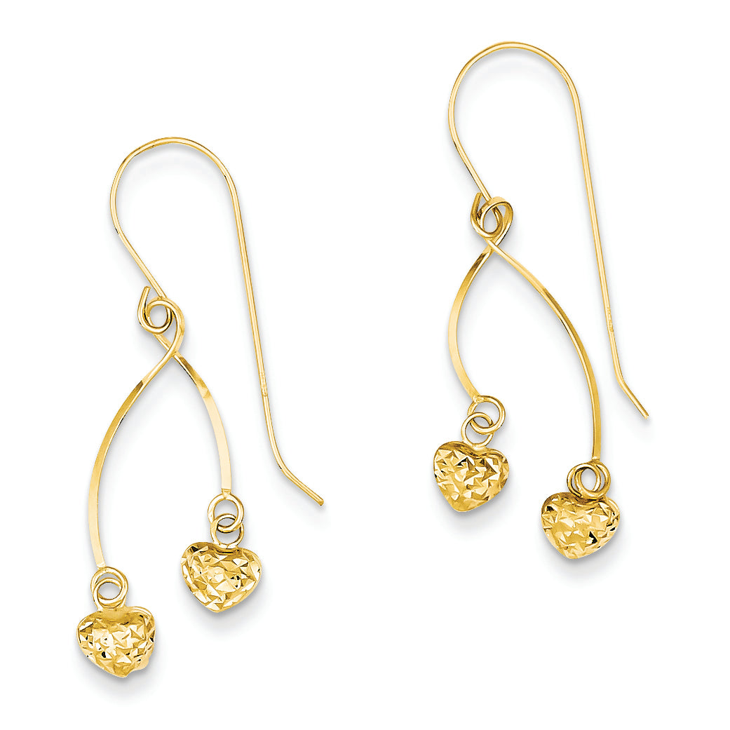 14K Gold Diamond Cut Heart Puffs Dangle Earrings