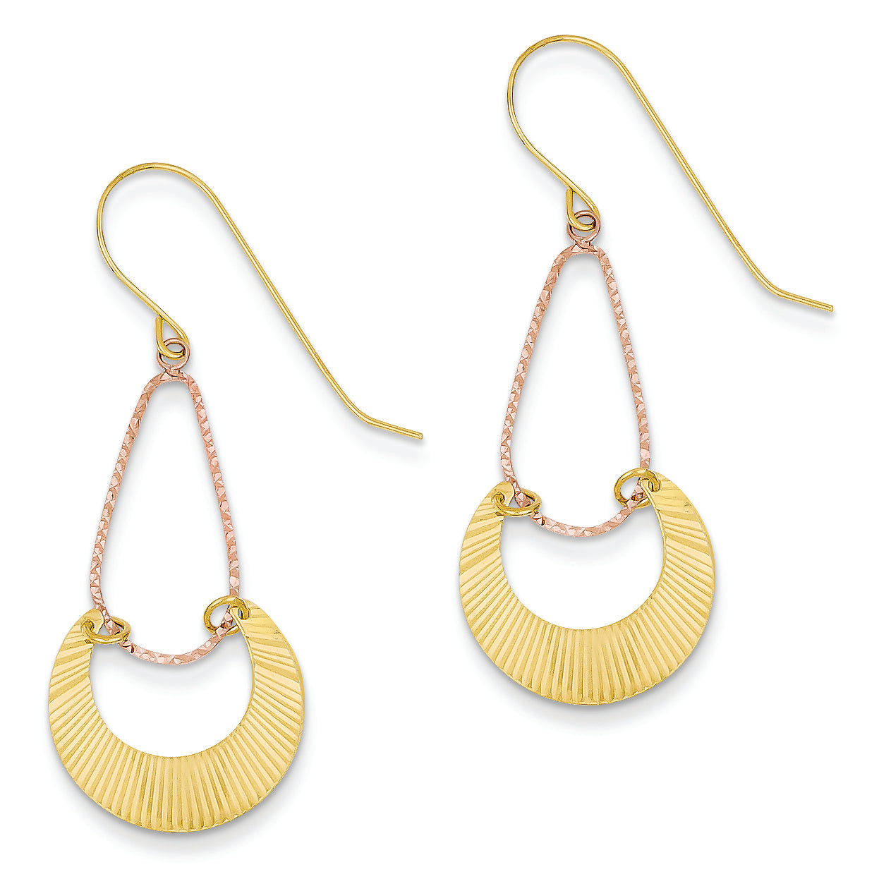 14K Gold Yellow & Rose Gold Diamond Cut Shepherd Hook Earrings