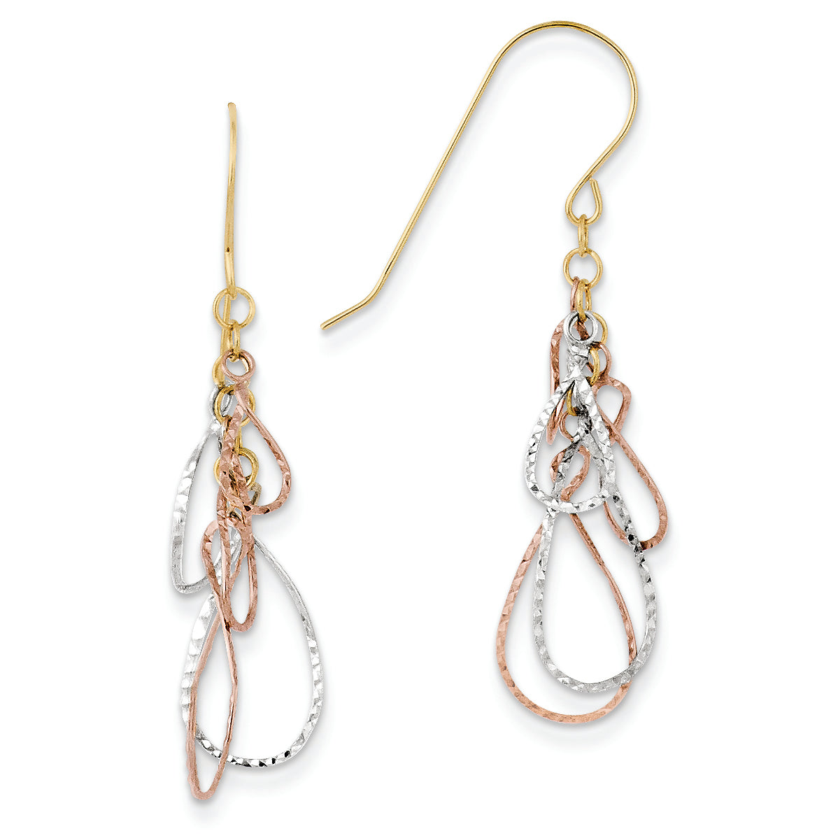 14K Gold Tri-color Diamond Cut Tear Drop Dangle Earrings