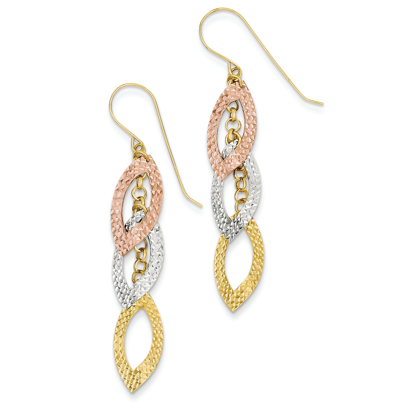 14K Gold Diamond Cut Tri-color Tear Drop Shepherd Hook Earrings