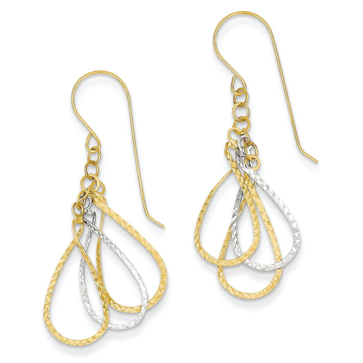 14K Gold Two-tone Diamond Cut Tear Drop Shepherd Hook Earrings
