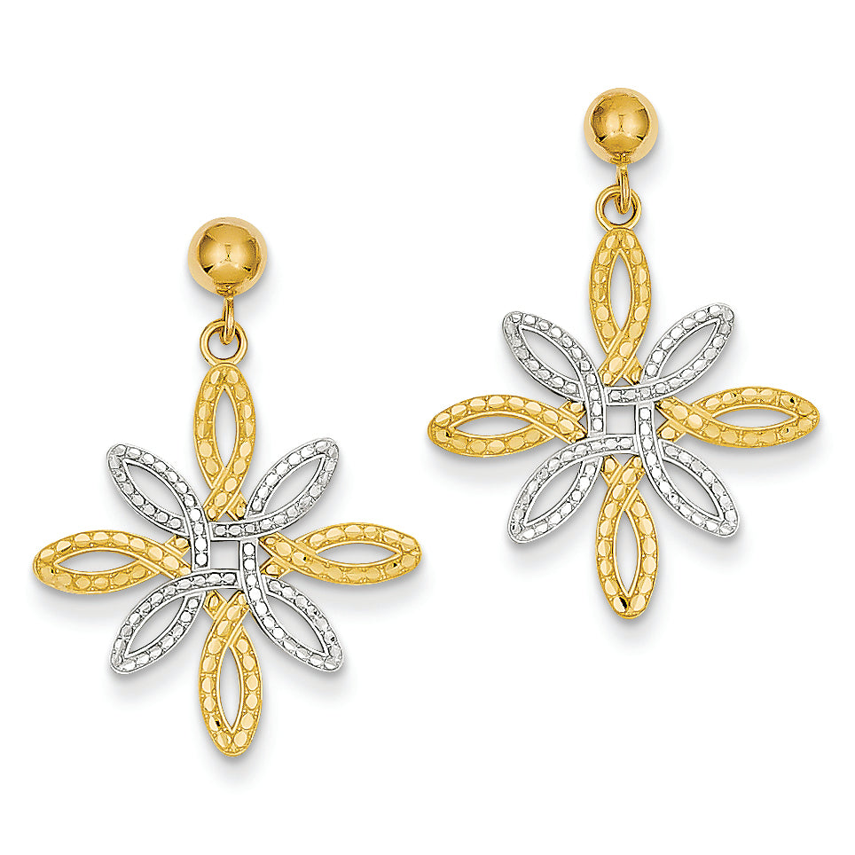 14K Gold Two-tone Diamond Cut Fancy Post Dangle Earrings