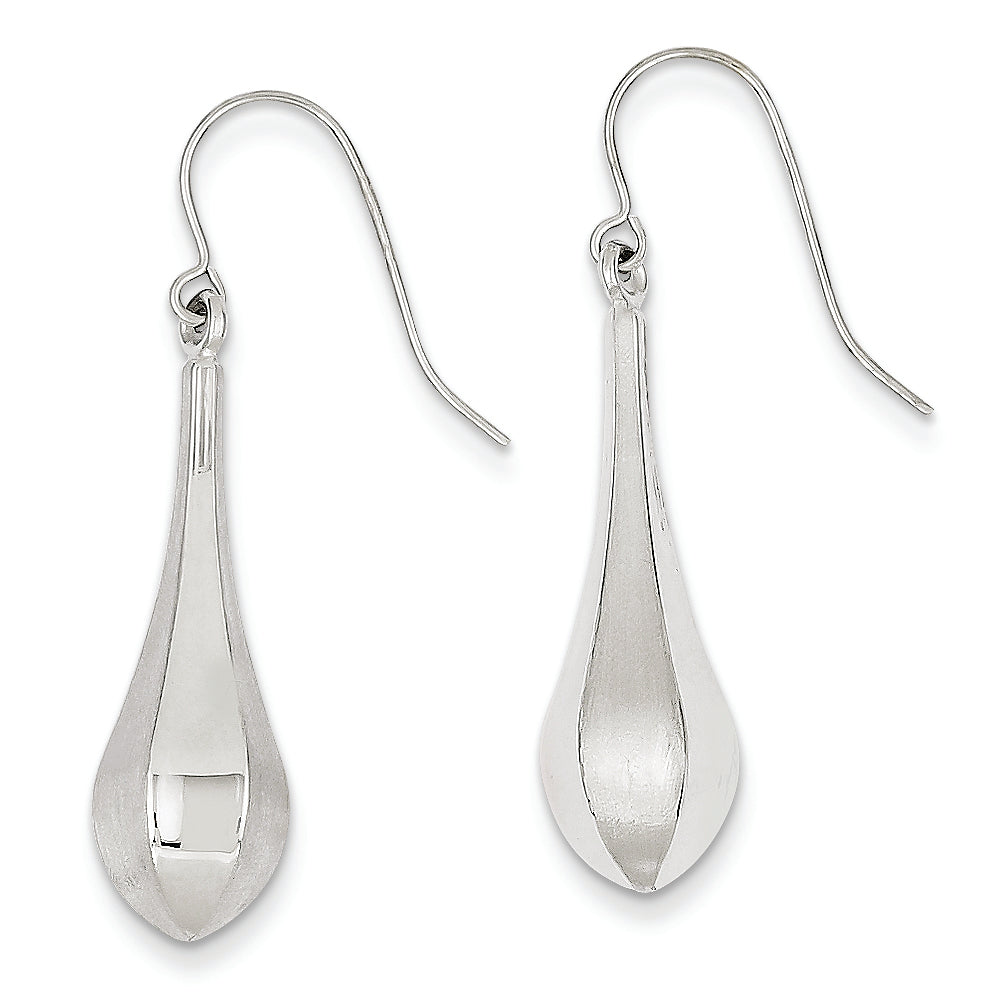 14K White Gold Polished and Brushed Teardrop Hollow Dangle Earrings
