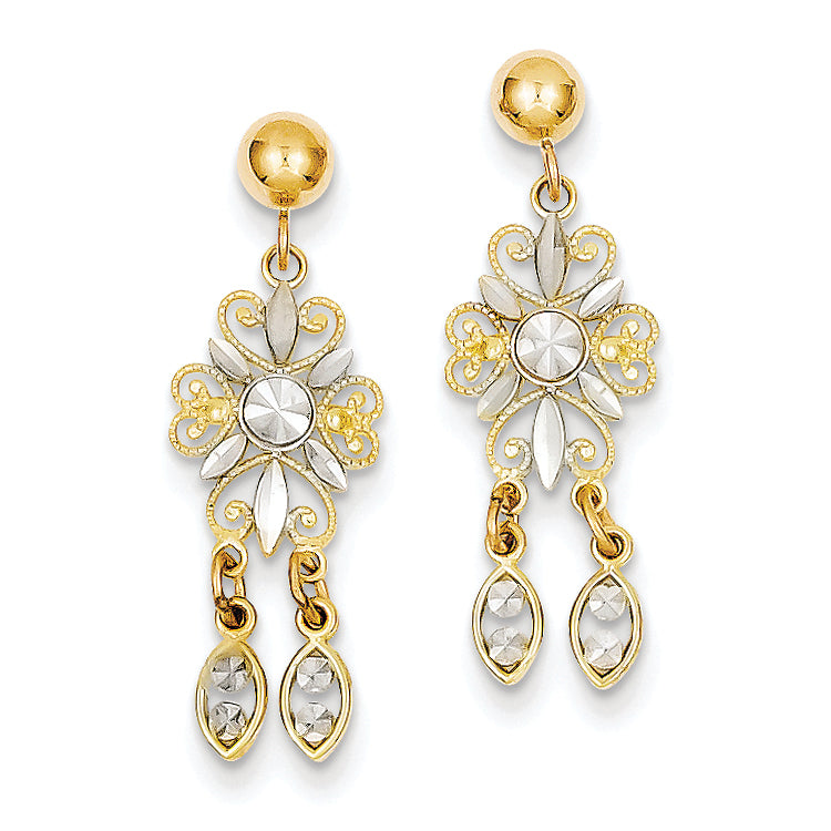 14K Gold Yellow Gold Rhodium Plated Diamond Cut Post Dangle Earrings