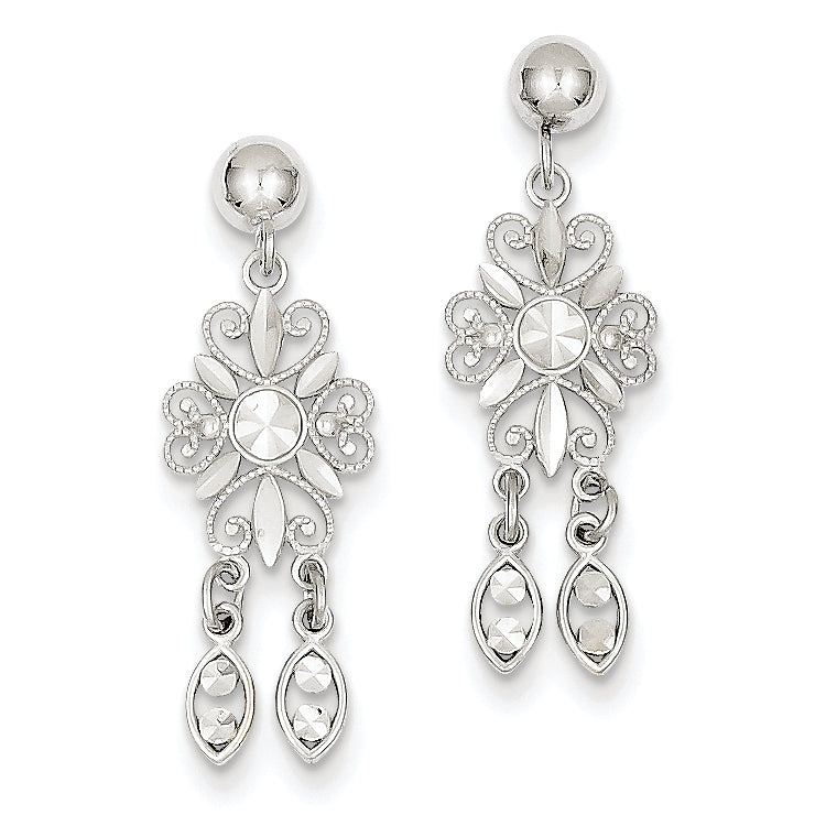 14K White Gold Diamond Cut Fancy Post Dangle Earrings
