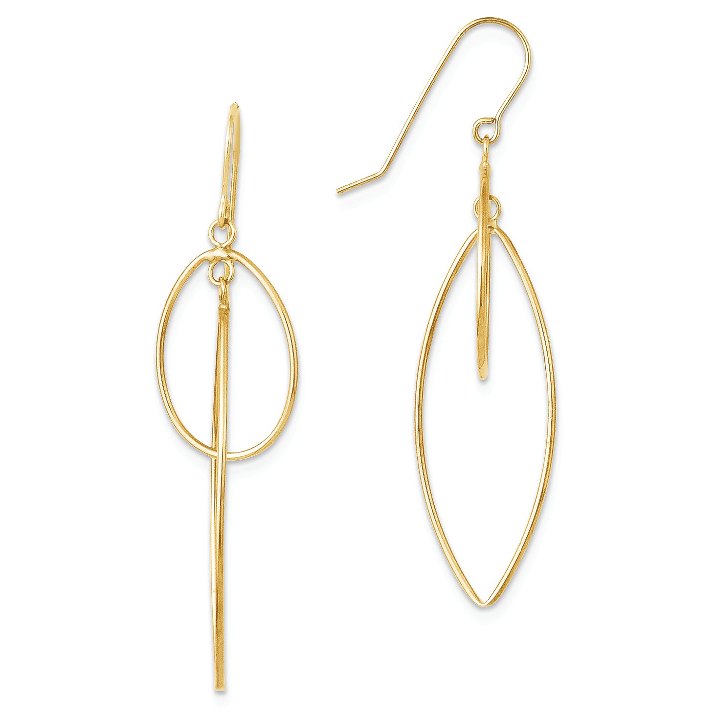 14K Gold Polished Oblong and Oval Dangle Earrings