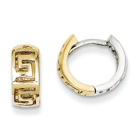 14K Gold Two-tone Greek Key Hinged Hoop Earrings