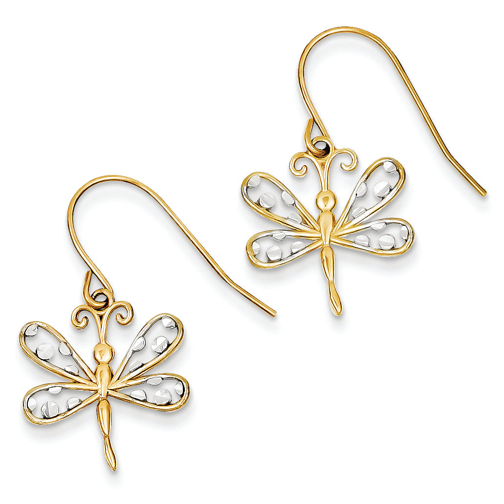14K Gold & Rhodium Diamond-cut Dragonfly Shepherd Hook Earrings