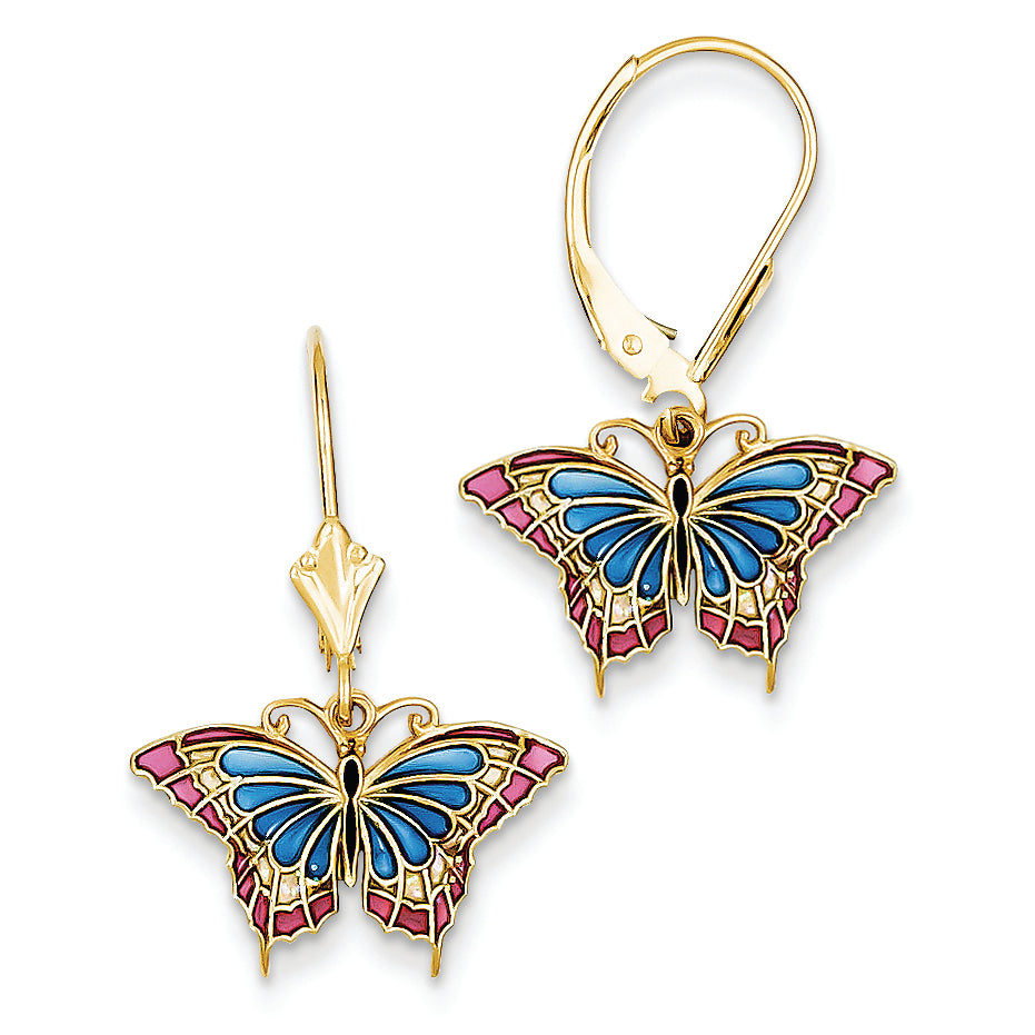 14K Gold Butterfly w/ Blue Stained Glass Leverback Earrings