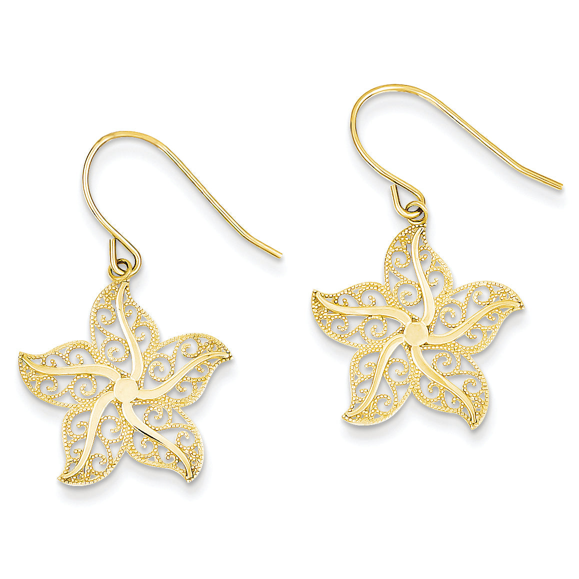 14K Gold Filigree Starfish Shepherd Hook Earrings