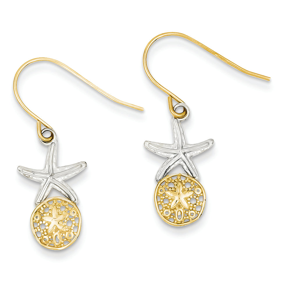 14K Gold & Rhodium Starfish w/Sand Dollar Shepherd Hook Earrings