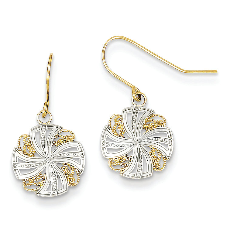 14K Gold & Rhodium Polished and Textured Pinwheel Dangle Earrings