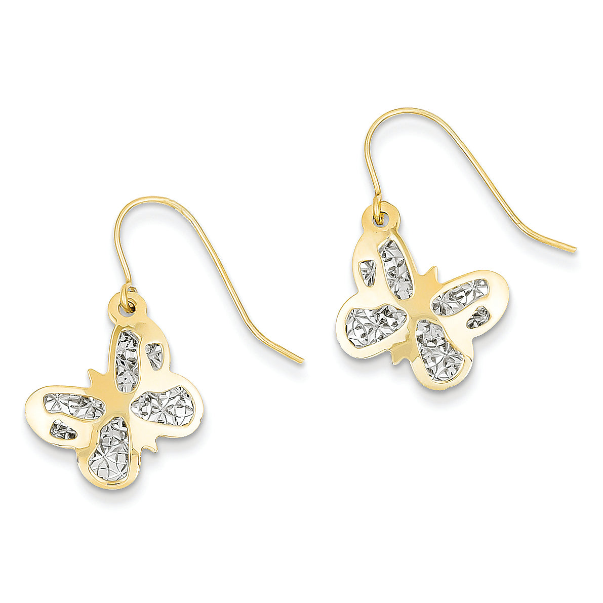 14K Gold Two-tone Diamond Cut Butterfly Dangle Earrings
