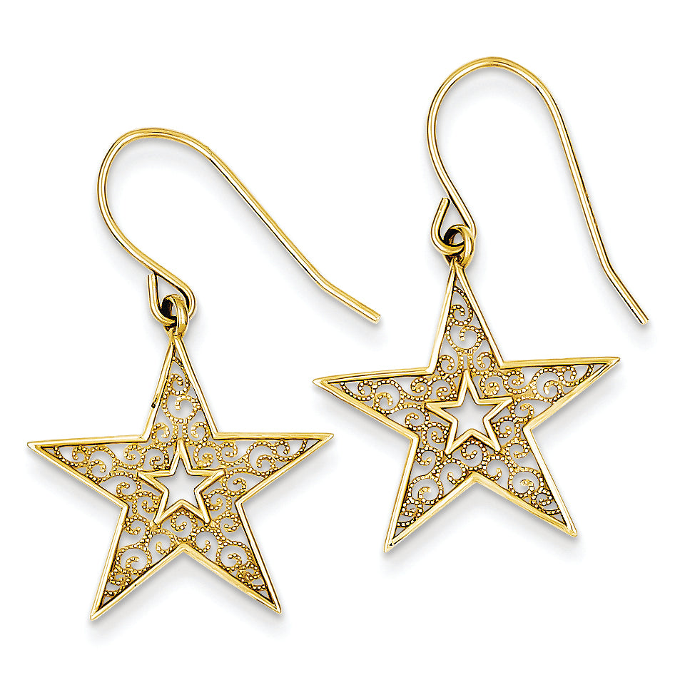 14K Gold Filigree Star Shepherd Hook Earrings