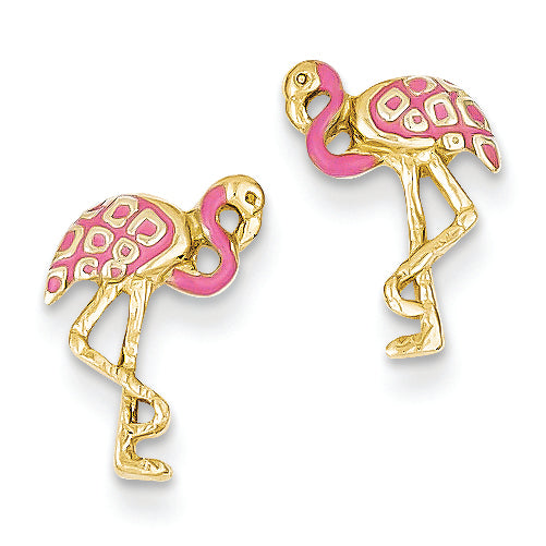 14K Gold Pink Enameled Flamingo Post Earrings
