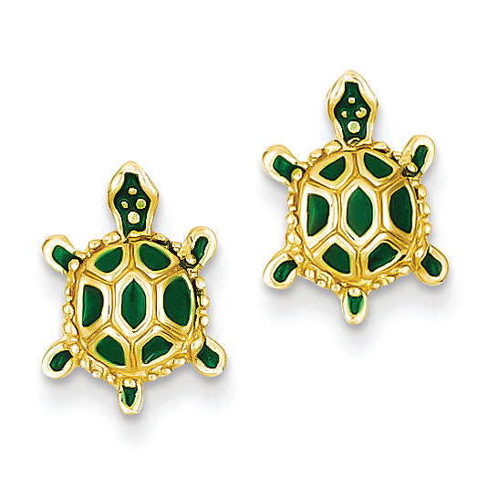 14K Gold Green Enameled Turtle Post Earrings