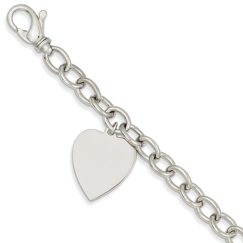 14K White Gold Link W/ Heart Charm Bracelet 7.5 Inches