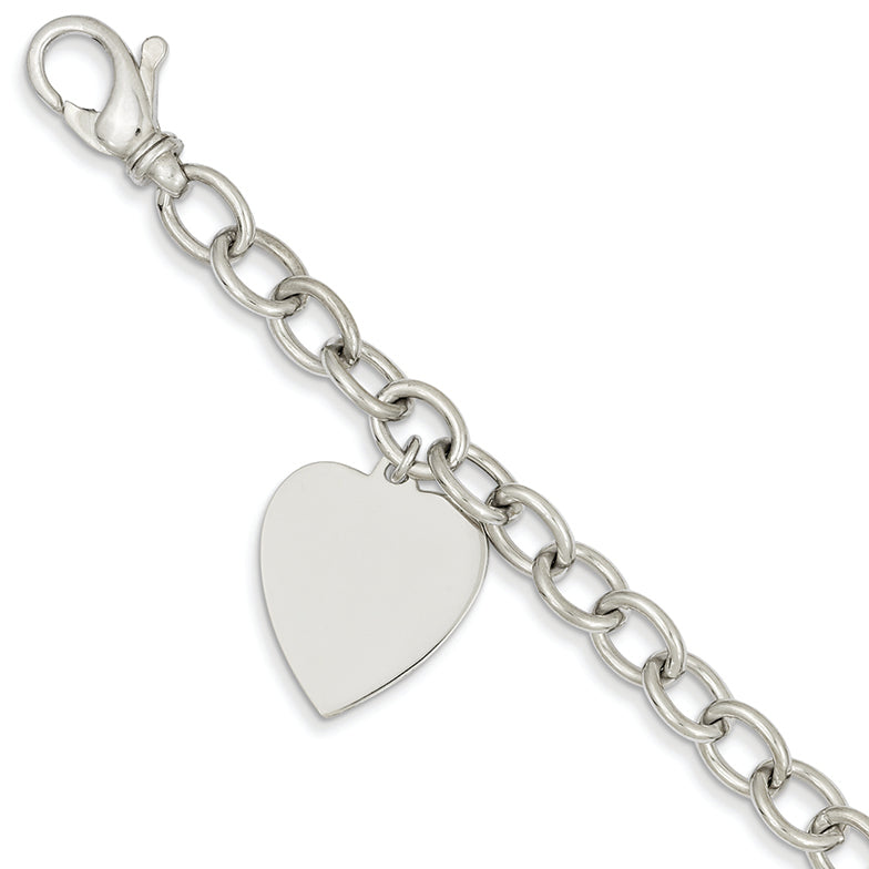 14K White Gold 8.5in Polished Engravable Link with Heart Charm Bracelet 8.5 Inches