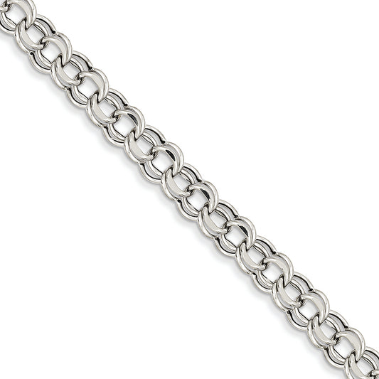 14K White Gold Lite 7.5mm Double Link Charm Bracelet 7.25 Inches