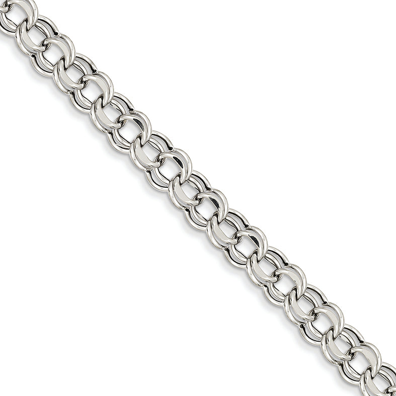14K White Gold Lite 7.5mm Double Link Charm Bracelet 8.25 Inches