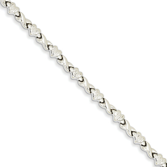 14K White Gold Polished Heart & X Bracelet 7 Inches