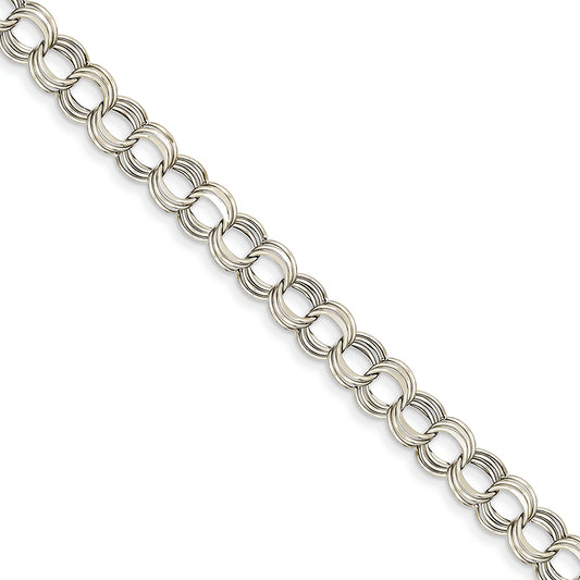 14K White Gold Lite 7mm Triple Link Charm Bracelet 8.25 Inches