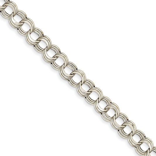 14K White Gold Lite 8mm Triple Link Charm Bracelet 7.25 Inches