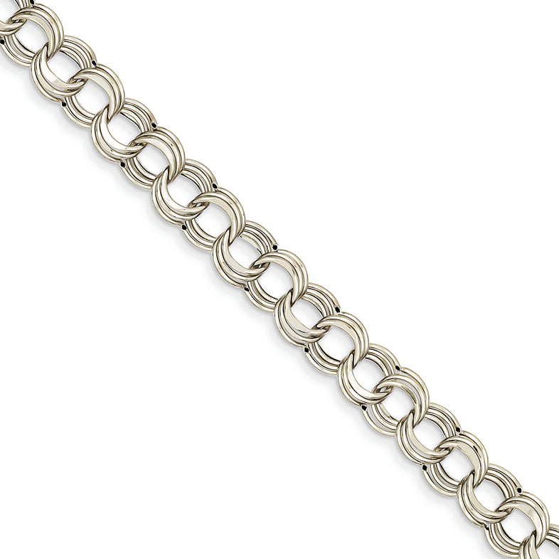 14K White Gold Lite 8mm Triple Link Charm Bracelet 8.25 Inches