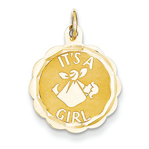14K Gold Polished Its Girl Scalloped Disc Charm