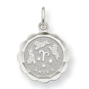 14K White Gold Satin Polished Engravable Aries Zodiac Scalloped Disc Charm 