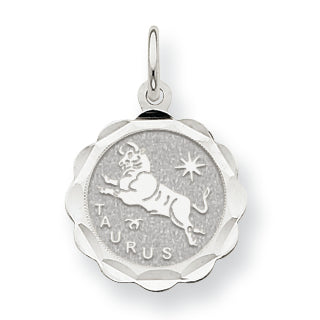14K White Gold Satin Polished Engravable Taurus Zodiac Scalloped Disc Char 