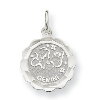 14K White Gold Satin Polished Engravable Gemini Zodiac Scalloped Disc Char 