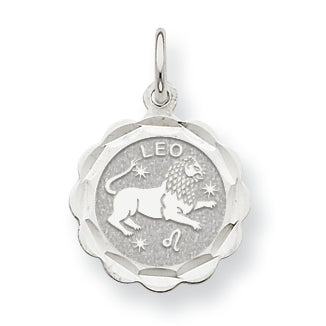 14K White Gold Satin Polished Engravable Leo Zodiac Scalloped Disc Charm