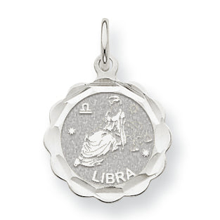 14K White Gold Satin Polished Engravable Libra Zodiac Scalloped Disc Charm 