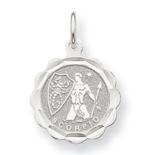 14K White Gold Satin Polished Engravable Scorpio Zodiac Scalloped Disc Cha 