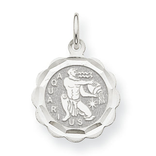 14K White Gold Satin Polished Engravable Aquarius Zodiac Scalloped Disc Ch 